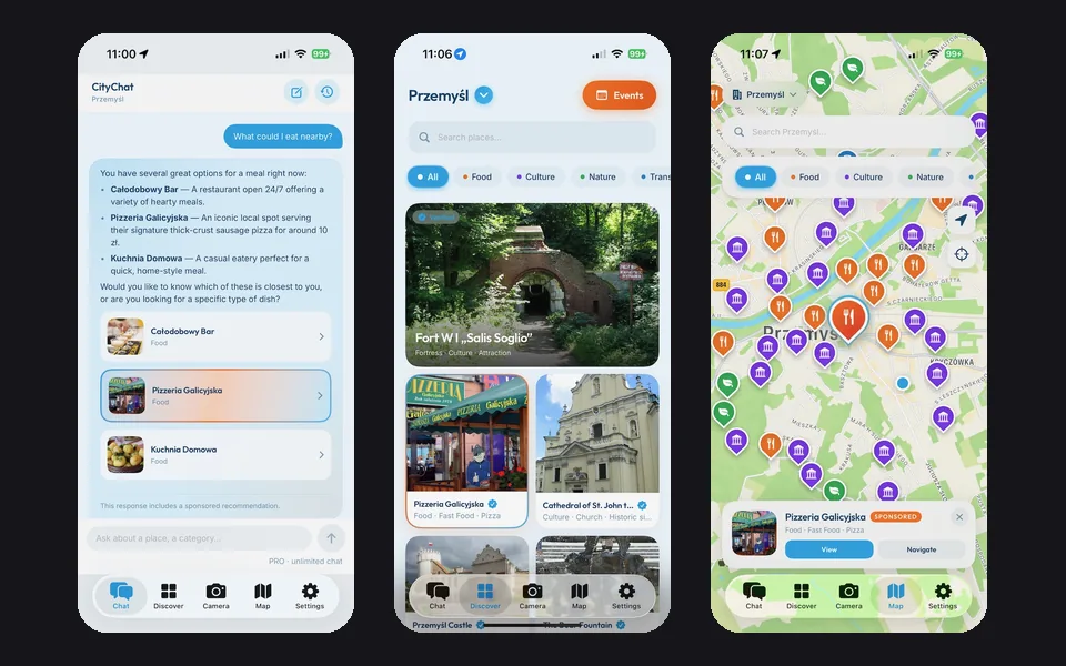 CityChat app screens: chat, Discover and the map