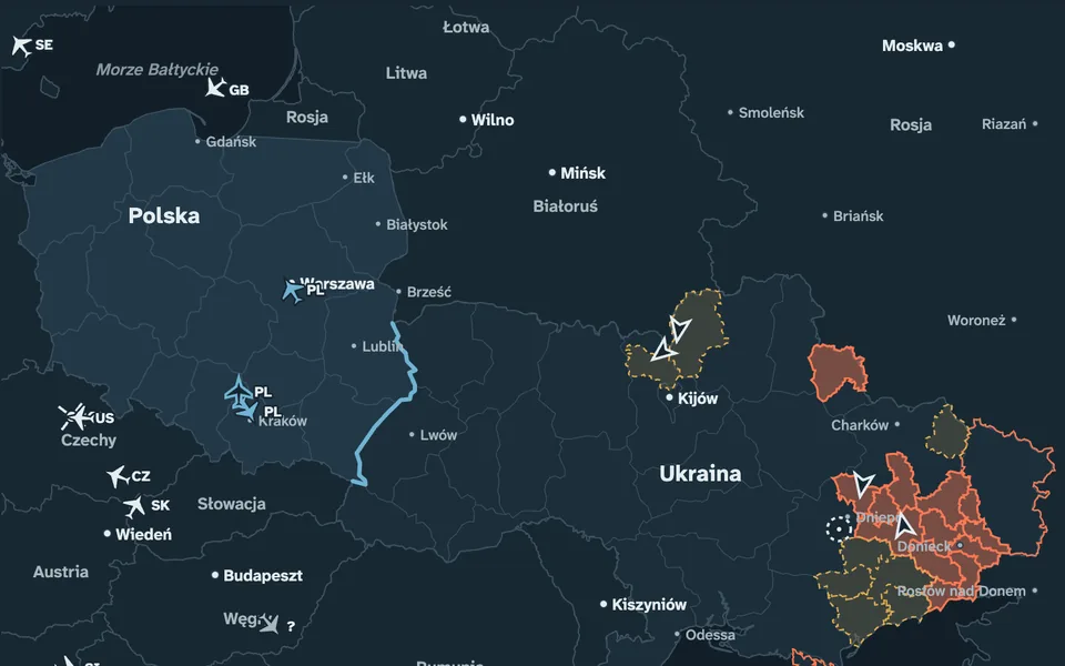 SanAlert schematic map of Poland and Ukraine with tracked objects and threatened areas